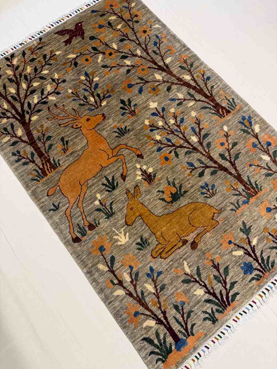 4x6 ft Hand Knotted Afghan Wool Wild Life Area Rug - Natural Vegetable Dye thumbnail 3