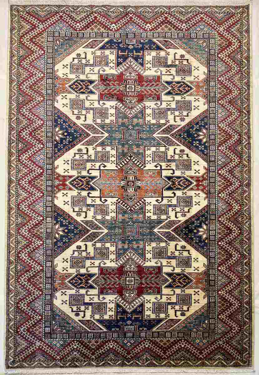 6x9 ft Hand Knotted Afghan Wool Kazak Area Rug - Natural Vegetable Dye