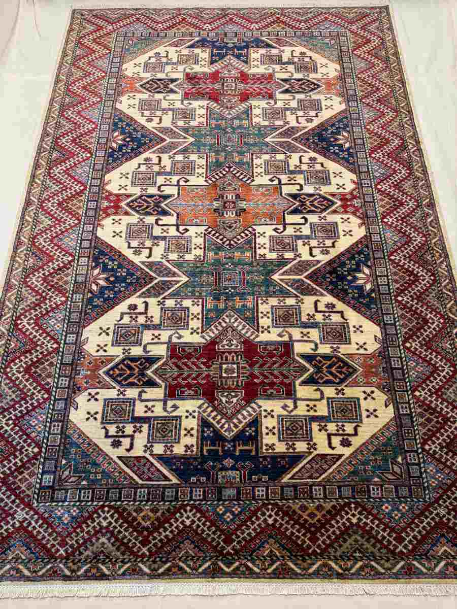 6x9 ft Hand Knotted Afghan Wool Kazak Area Rug - Natural Vegetable Dye thumbnail 2