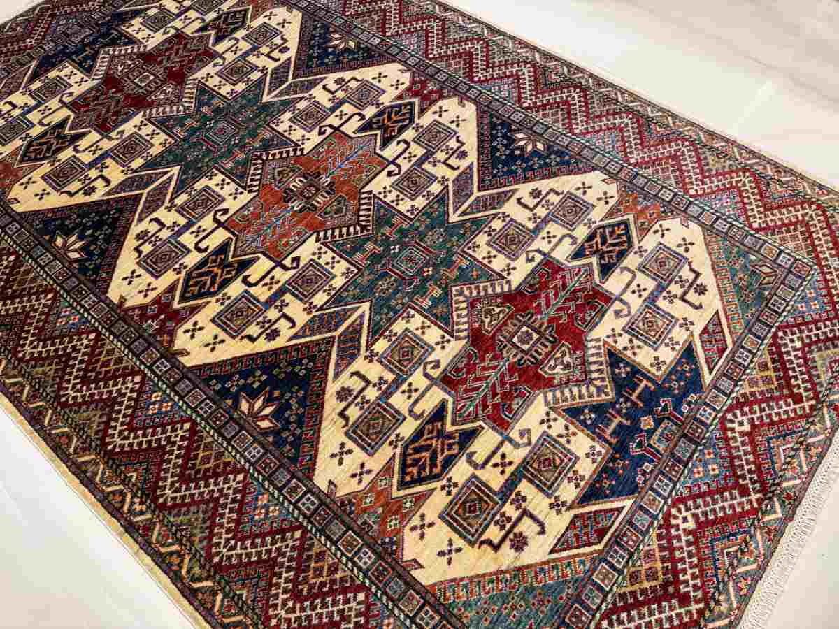 6x9 ft Hand Knotted Afghan Wool Kazak Area Rug - Natural Vegetable Dye thumbnail 4