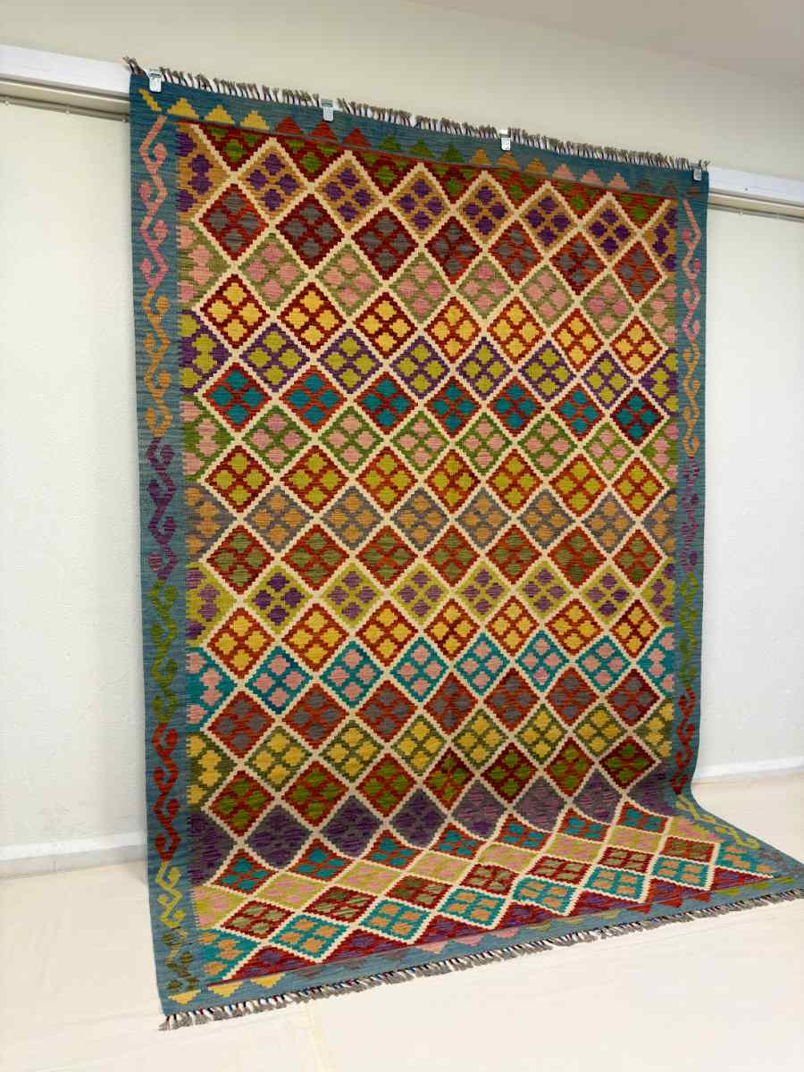 El Dokuma Afgan Kilim Çift Taraf Kullanım Kök Boya 203 x 305 cm küçük görsel 2