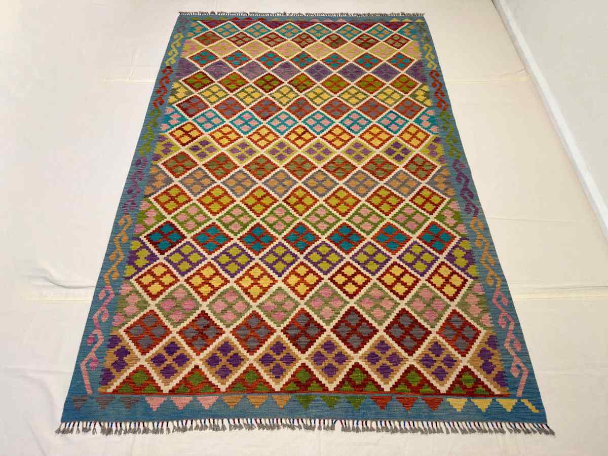 El Dokuma Afgan Kilim Çift Taraf Kullanım Kök Boya 203 x 305 cm küçük görsel 3