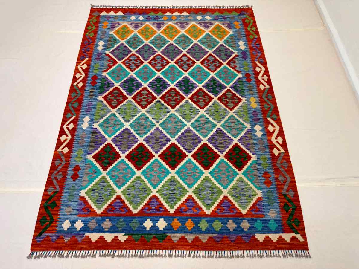 El Dokuma Afgan Kilim Çift Taraf Kullanım Kök Boya 181 x 245 cm küçük görsel 3