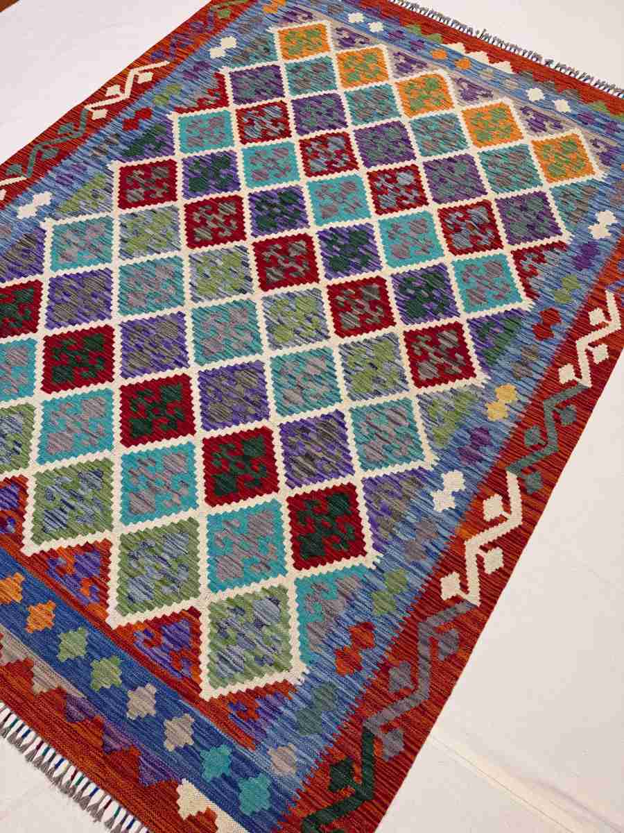 El Dokuma Afgan Kilim Çift Taraf Kullanım Kök Boya 181 x 245 cm küçük görsel 4