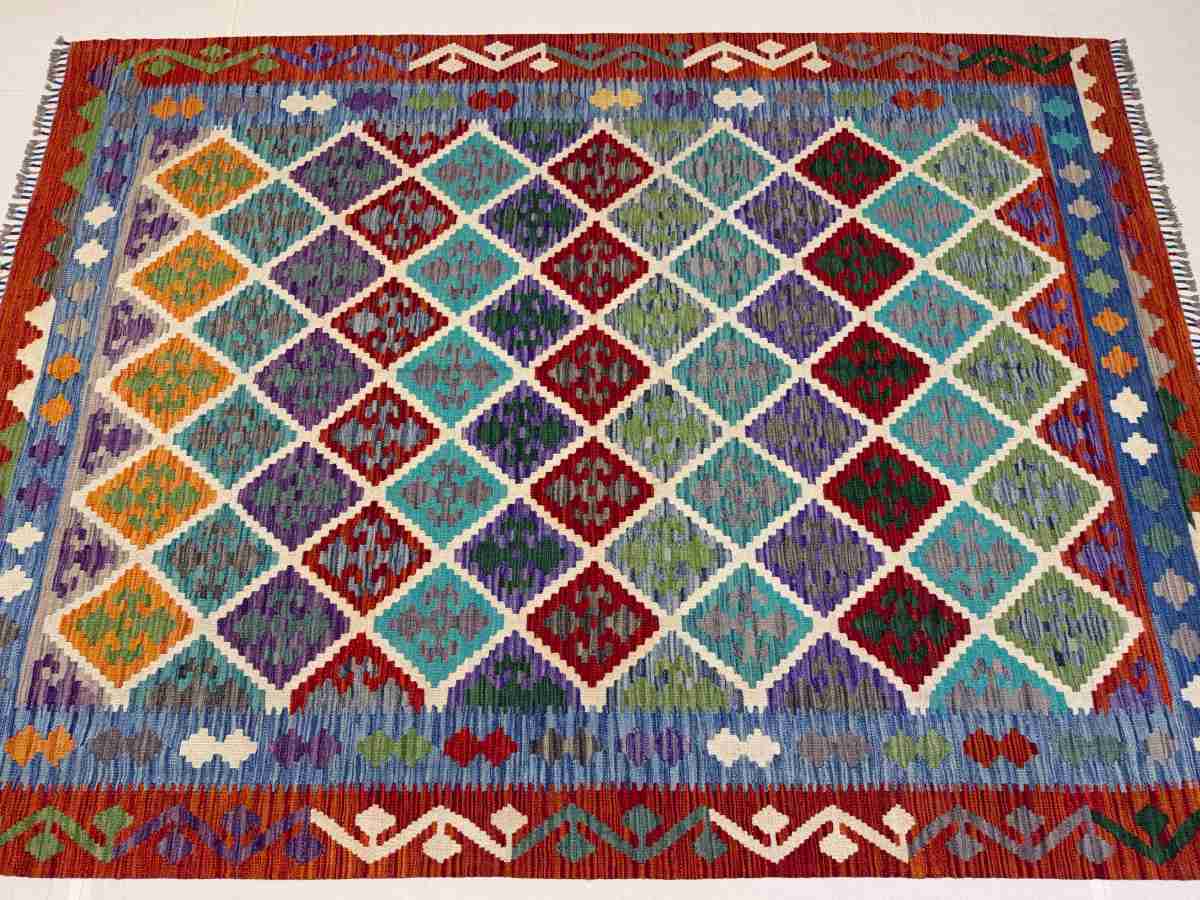 El Dokuma Afgan Kilim Çift Taraf Kullanım Kök Boya 181 x 245 cm küçük görsel 5