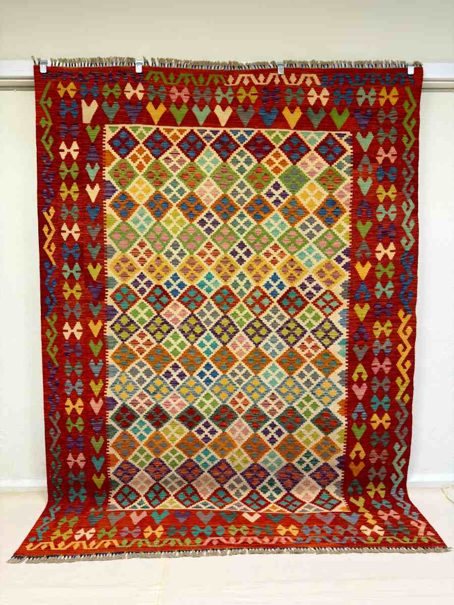 El Dokuma Afgan Kilim Çift Taraf Kullanım Kök Boya 210 x 285 cm