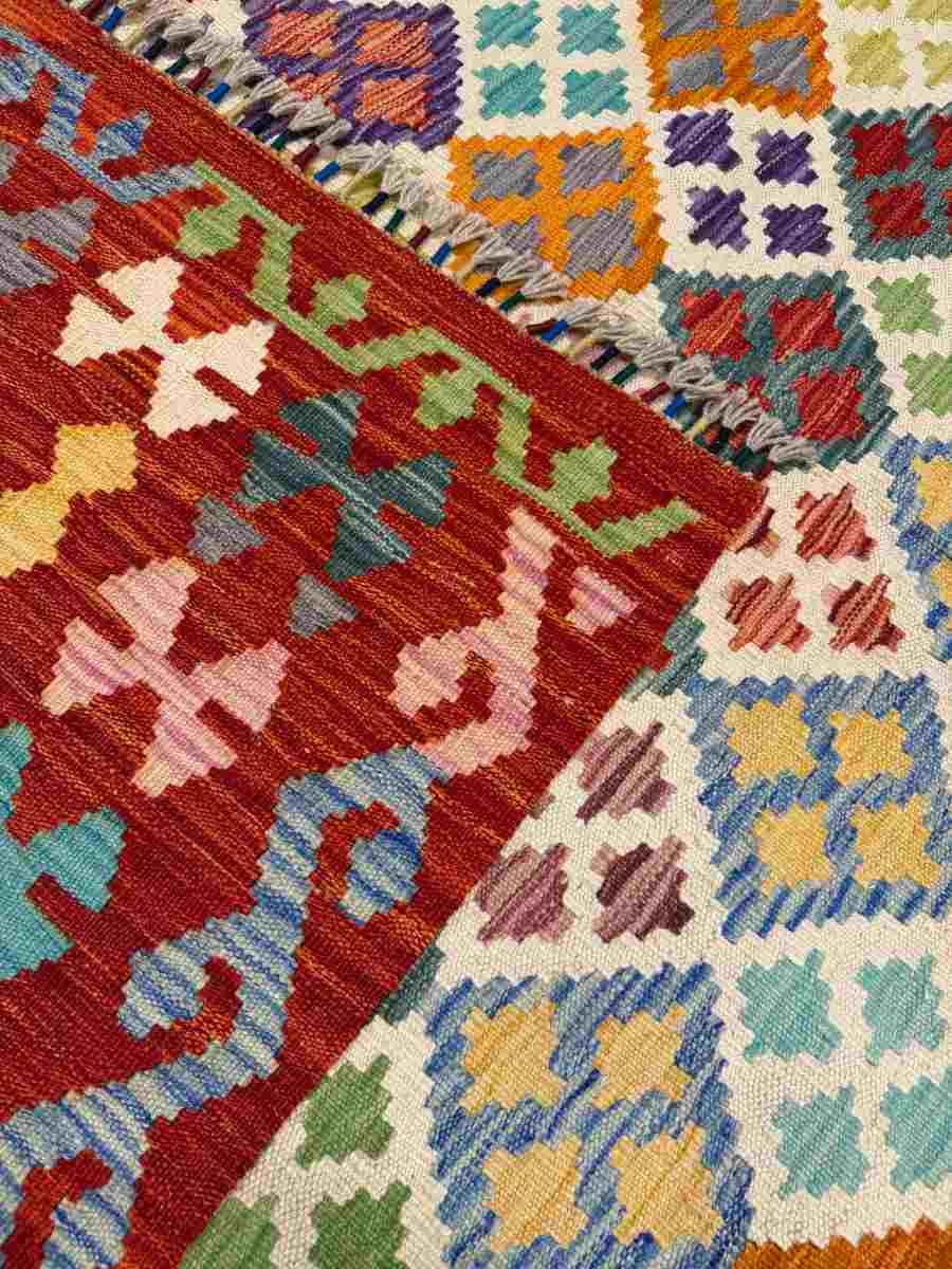 El Dokuma Afgan Kilim Çift Taraf Kullanım Kök Boya 210 x 285 cm küçük görsel 7