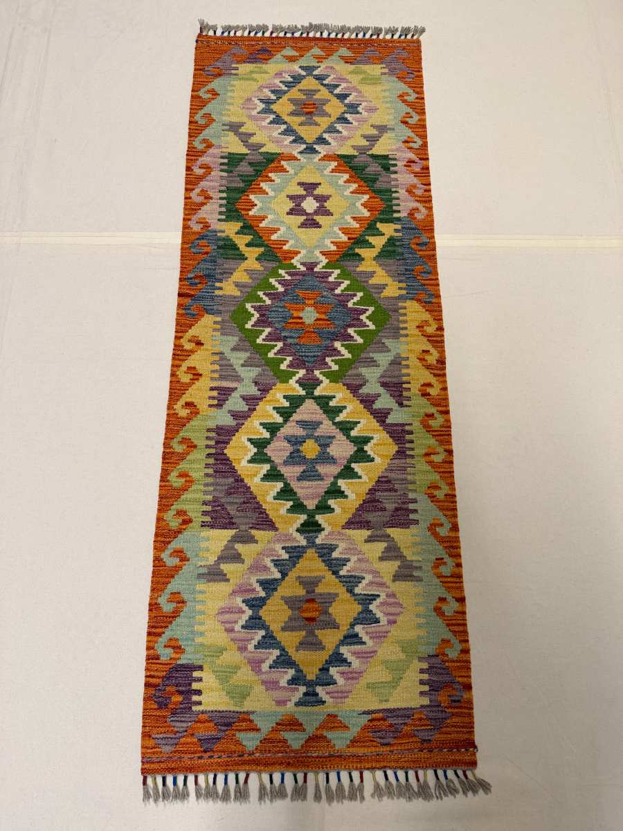 El Dokuma Afgan Kilim Çift Taraf Kullanım Kök Boya Yolluk 62 x 180 cm