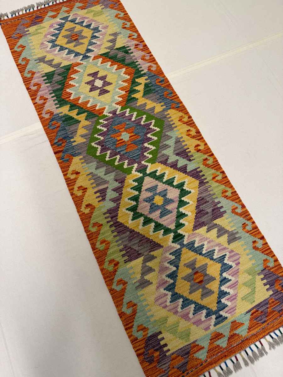 El Dokuma Afgan Kilim Çift Taraf Kullanım Kök Boya Yolluk 62 x 180 cm küçük görsel 2