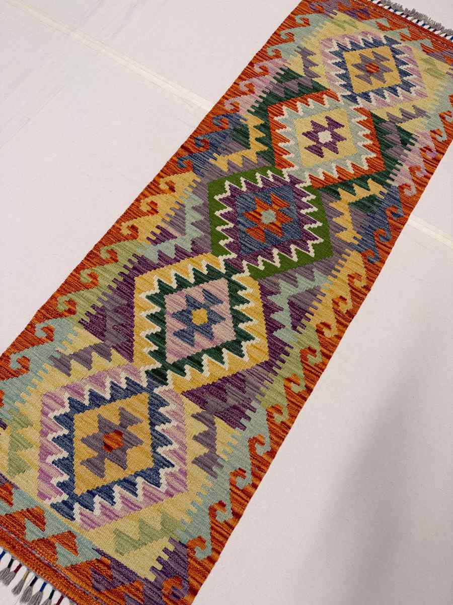 El Dokuma Afgan Kilim Çift Taraf Kullanım Kök Boya Yolluk 62 x 180 cm küçük görsel 3