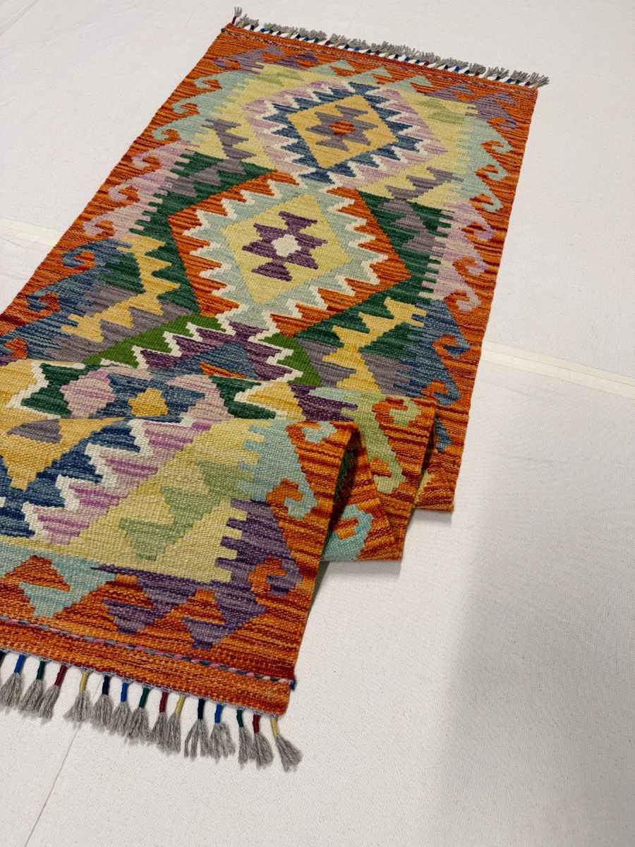 El Dokuma Afgan Kilim Çift Taraf Kullanım Kök Boya Yolluk 62 x 180 cm küçük görsel 6