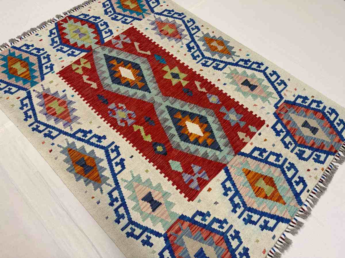 El Dokuma Afgan Kilim Çift Taraf Kullanım Kök Boya 128 x 177 cm küçük görsel 2