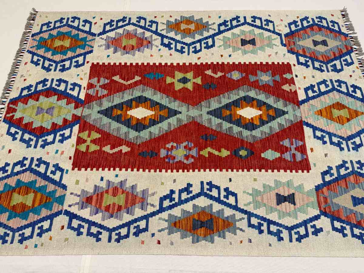 El Dokuma Afgan Kilim Çift Taraf Kullanım Kök Boya 128 x 177 cm küçük görsel 5