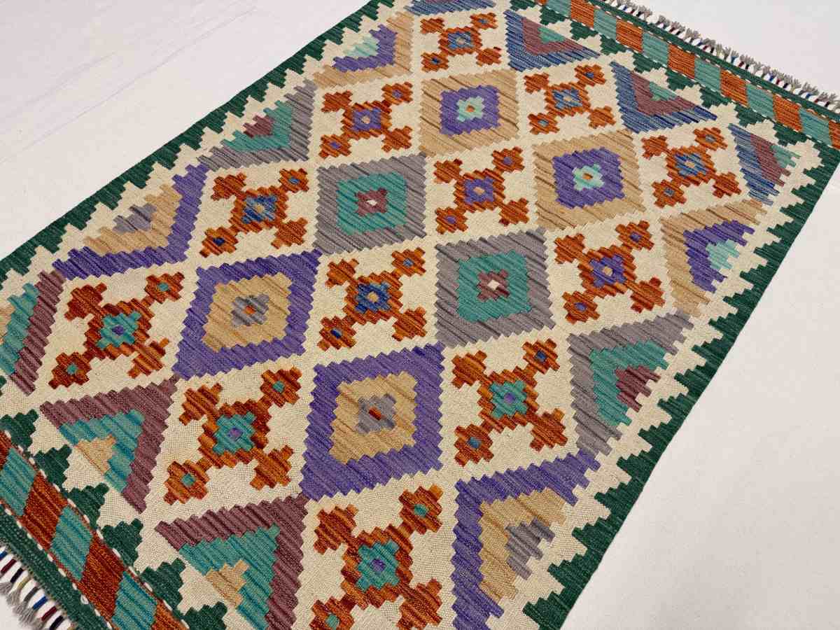 El Dokuma Afgan Kilim Çift Taraf Kullanım Kök Boya 100 x 152 cm küçük görsel 3