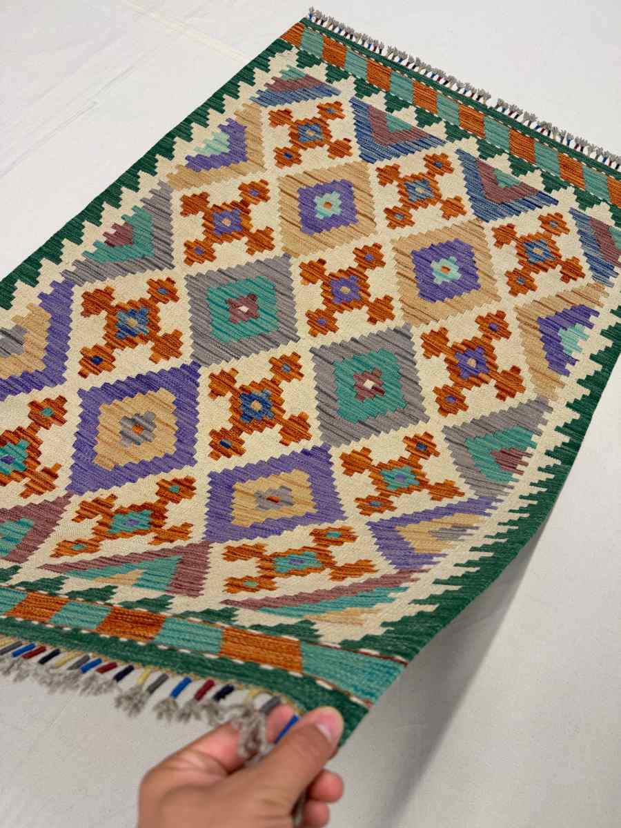 El Dokuma Afgan Kilim Çift Taraf Kullanım Kök Boya 100 x 152 cm küçük görsel 5
