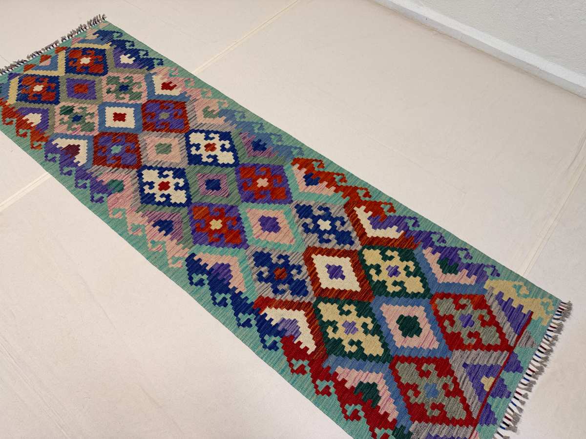 El Dokuma Afgan Kilim Çift Taraf Kullanım Kök Boya Yolluk 78 x 248 cm küçük görsel 2