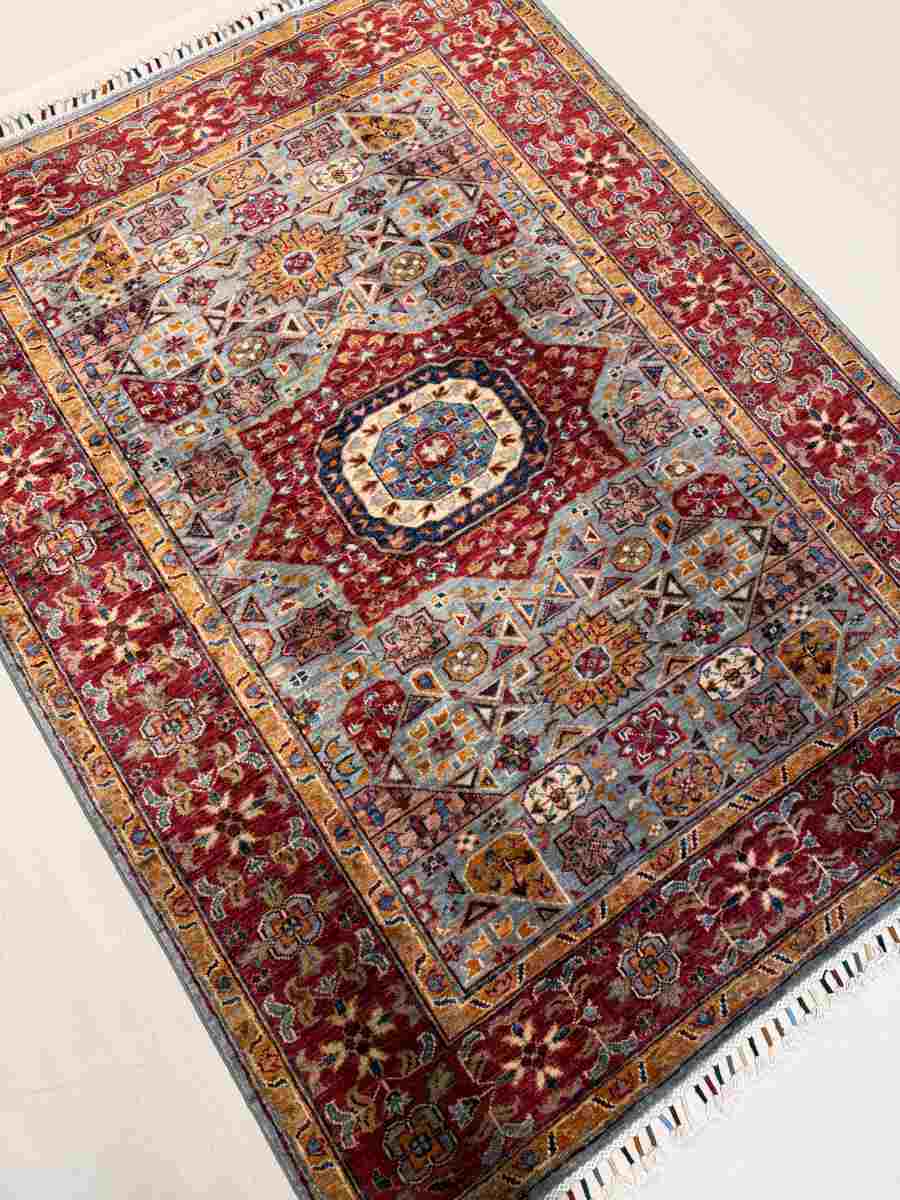 El Dokuma Afgan Halı Memlük Desenli Kök Boya 129 x 166 cm küçük görsel 2