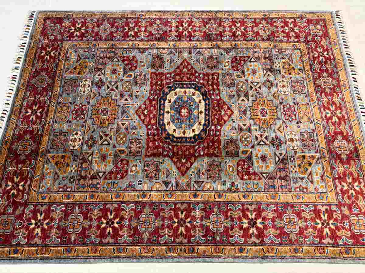 El Dokuma Afgan Halı Memlük Desenli Kök Boya 129 x 166 cm küçük görsel 4