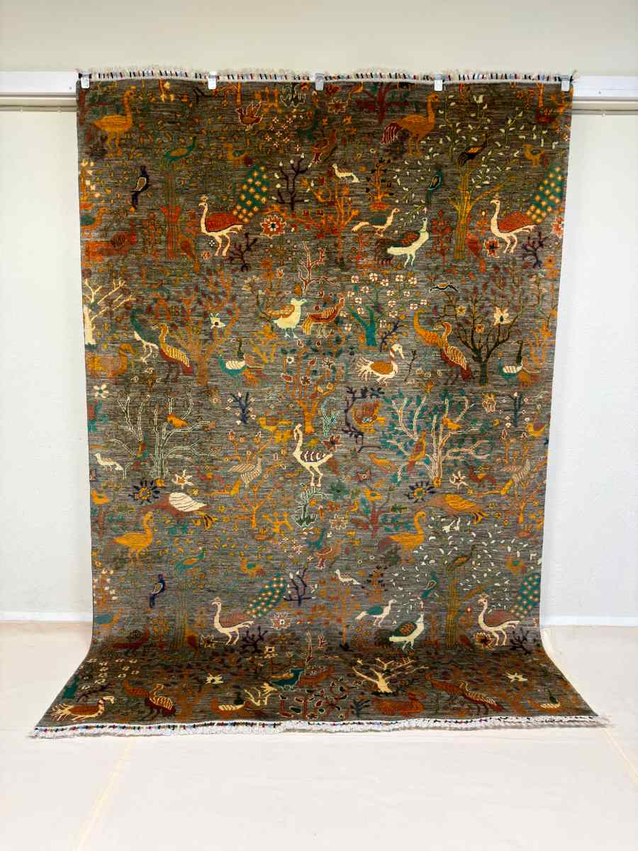 El Dokuma Afgan Halı Kuşlu Desenli Kök Boya 203 x 296 cm