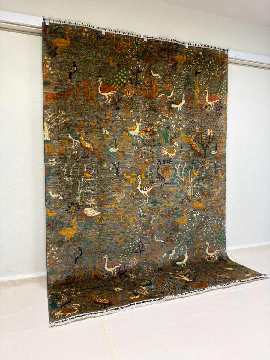 El Dokuma Afgan Halı Kuşlu Desenli Kök Boya 203 x 296 cm küçük görsel 2