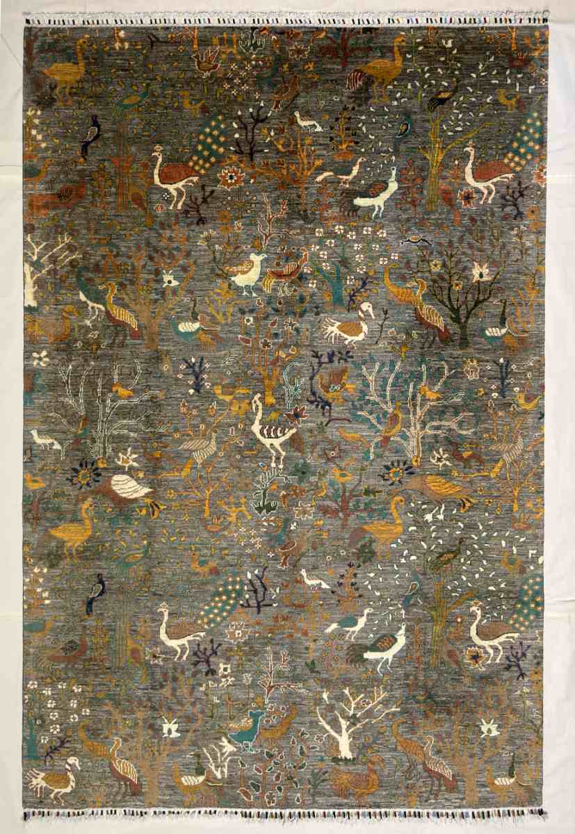 El Dokuma Afgan Halı Kuşlu Desenli Kök Boya 203 x 296 cm küçük görsel 3