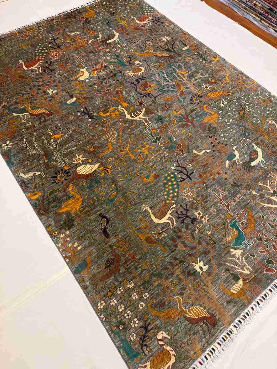 El Dokuma Afgan Halı Kuşlu Desenli Kök Boya 203 x 296 cm küçük görsel 4