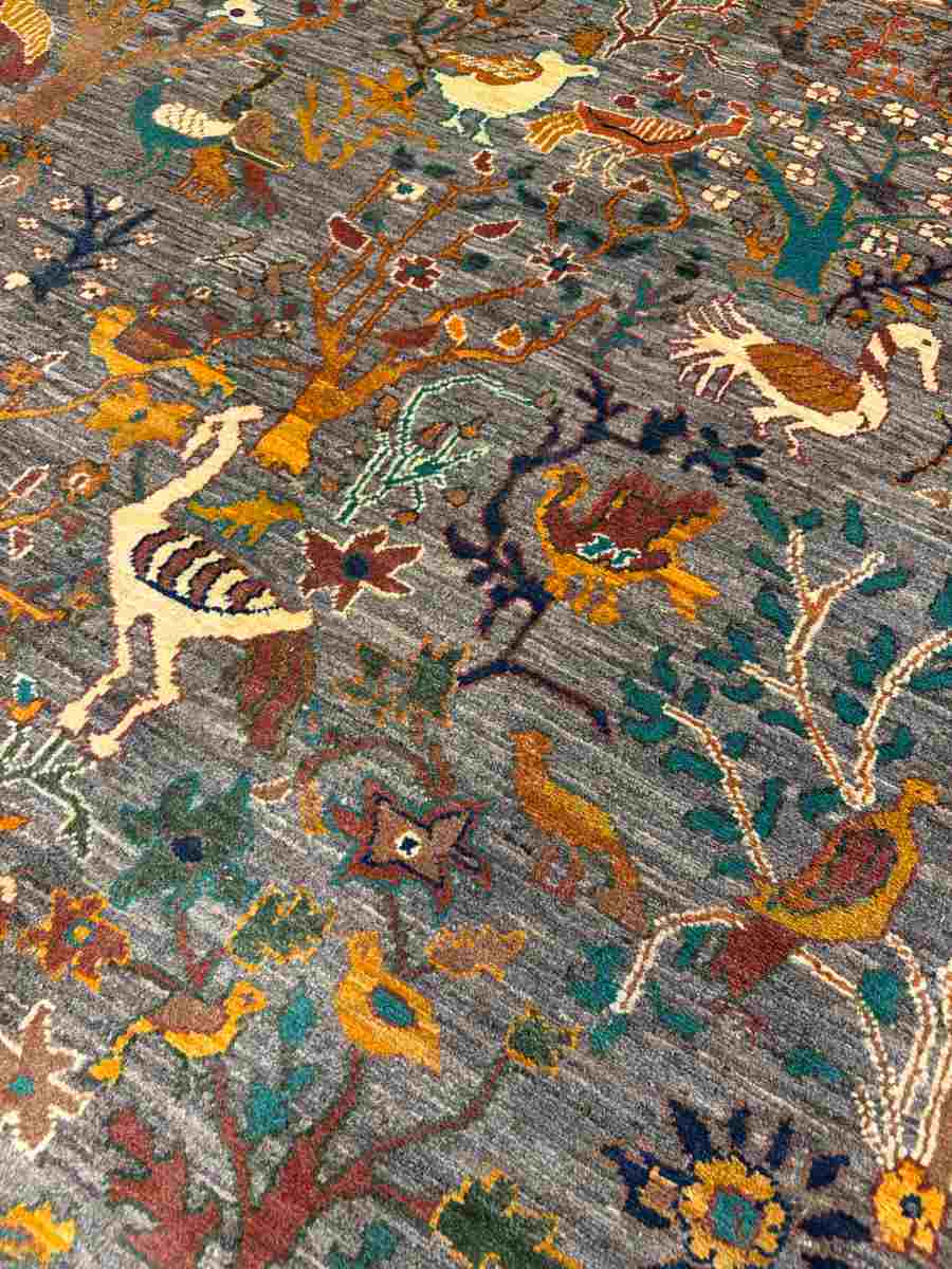 El Dokuma Afgan Halı Kuşlu Desenli Kök Boya 203 x 296 cm küçük görsel 5