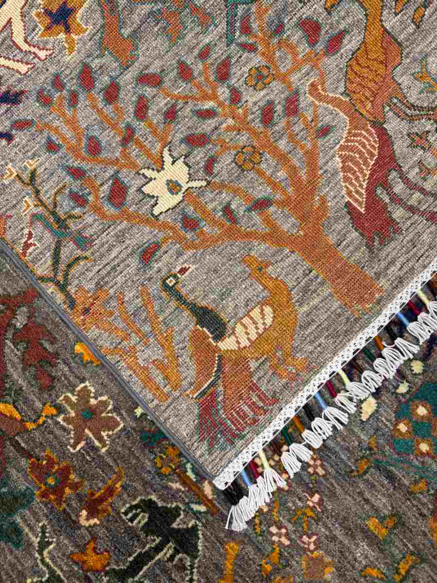 El Dokuma Afgan Halı Kuşlu Desenli Kök Boya 203 x 296 cm küçük görsel 7