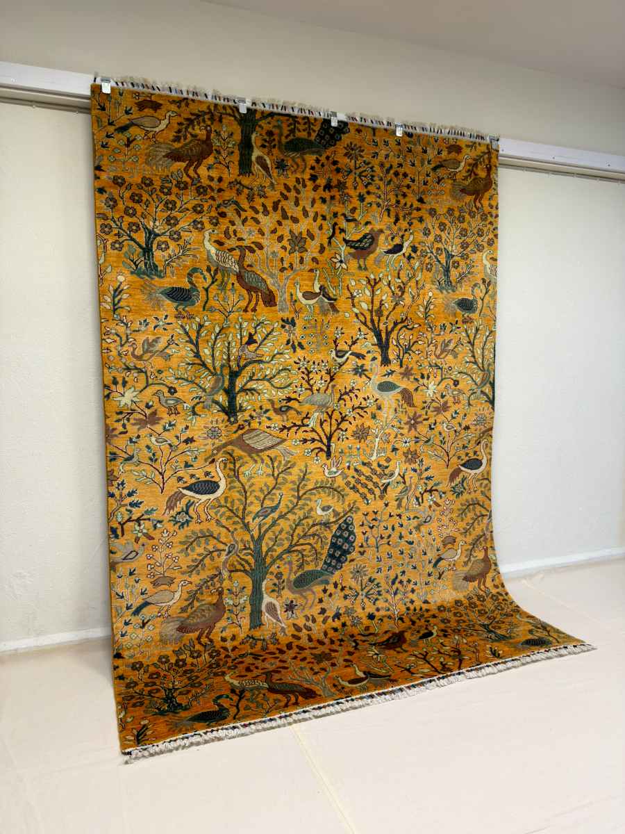 El Dokuma Afgan Halı Kuşlu Desenli Kök Boya 200 x 292 cm küçük görsel 2