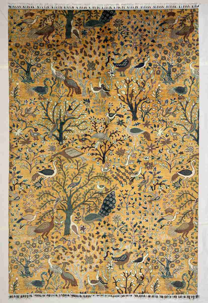 El Dokuma Afgan Halı Kuşlu Desenli Kök Boya 200 x 292 cm küçük görsel 3