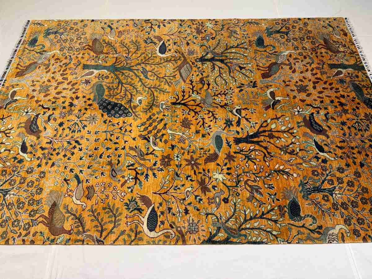 El Dokuma Afgan Halı Kuşlu Desenli Kök Boya 200 x 292 cm küçük görsel 5