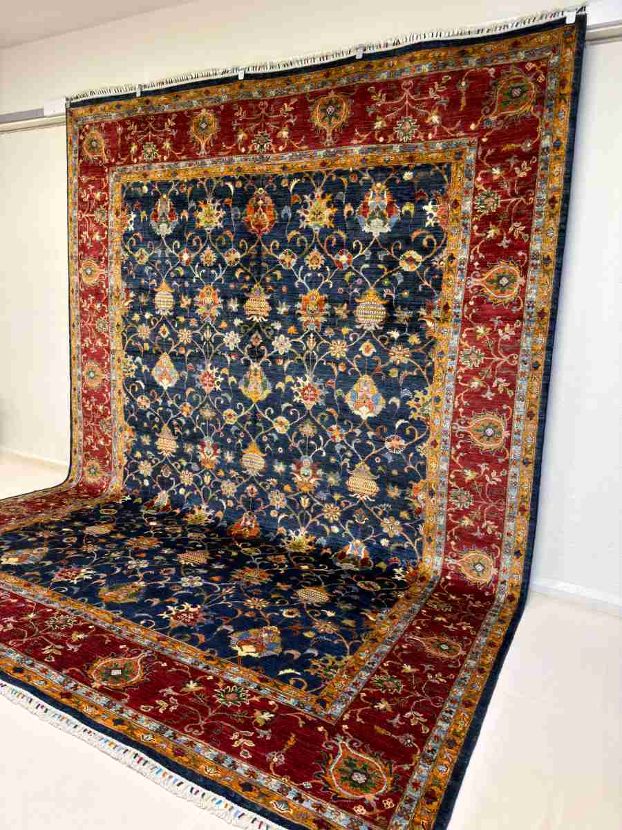 El Dokuma Afgan Halı Sultani Desenli Kök Boya 296 x 393 cm küçük görsel 3