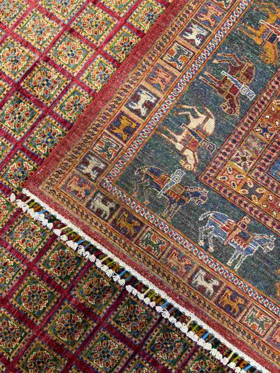 El Dokuma Afgan Halı Pazirek Desenli Kök Boya 270 x 366 cm küçük görsel 7
