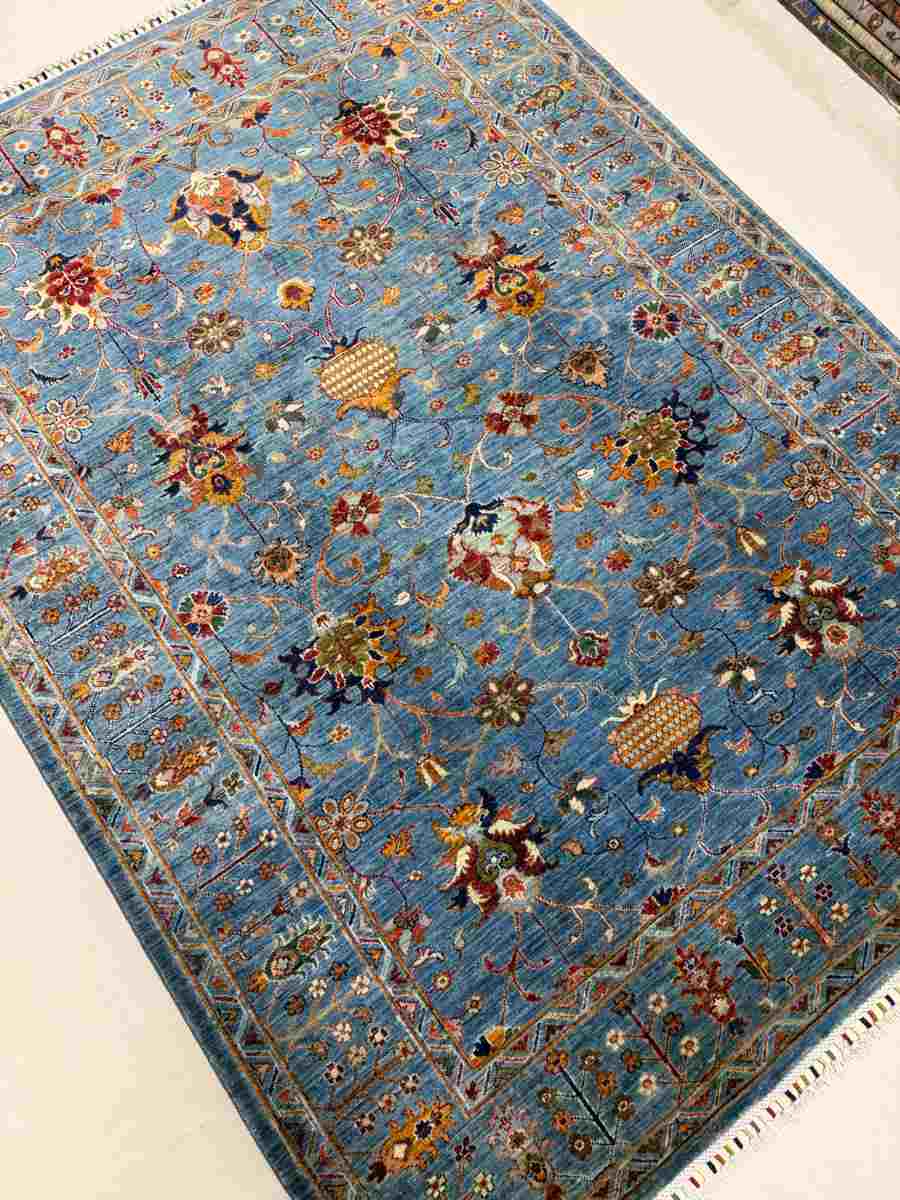 El Dokuma Afgan Halı Mavi Sultani Desenli Kök Boya 175 x 236 cm küçük görsel 3