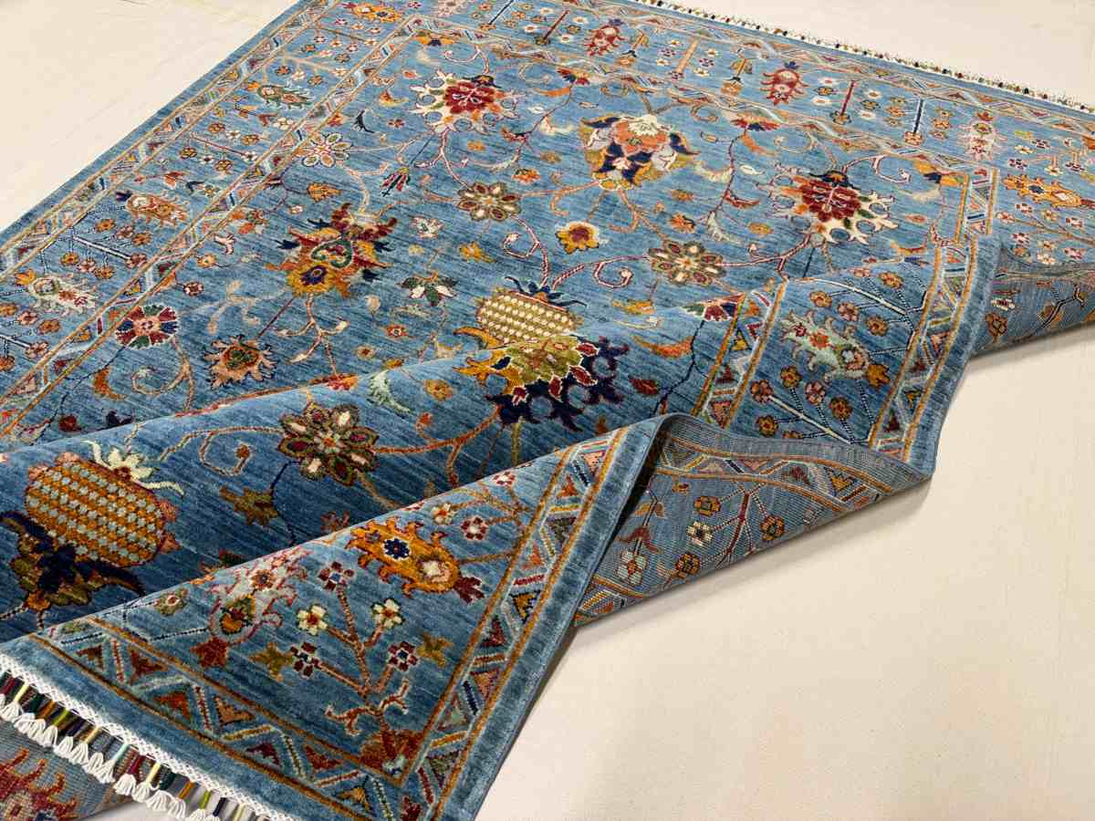 El Dokuma Afgan Halı Mavi Sultani Desenli Kök Boya 175 x 236 cm küçük görsel 6