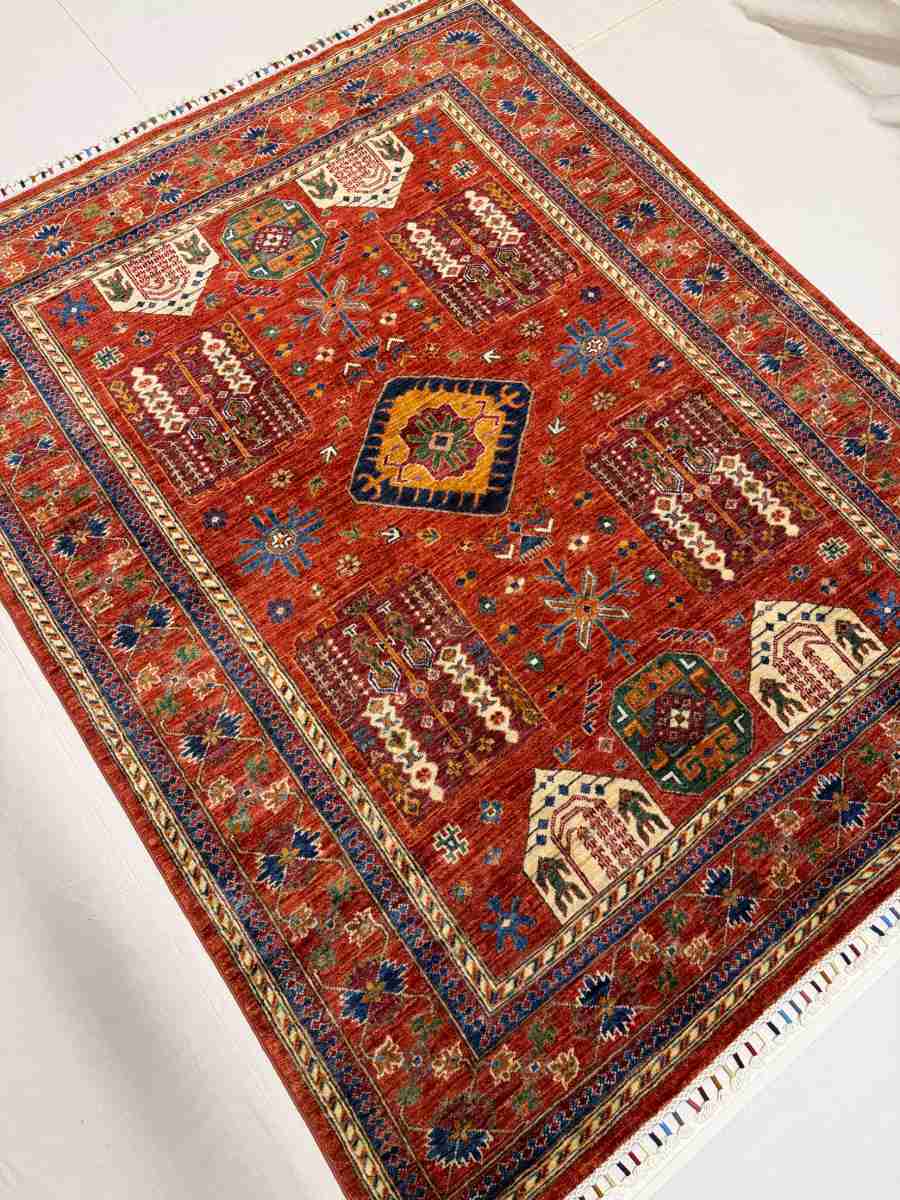 El Dokuma Afgan Halı Kazak Desenli Kök Boya 153 x 191 cm küçük görsel 2