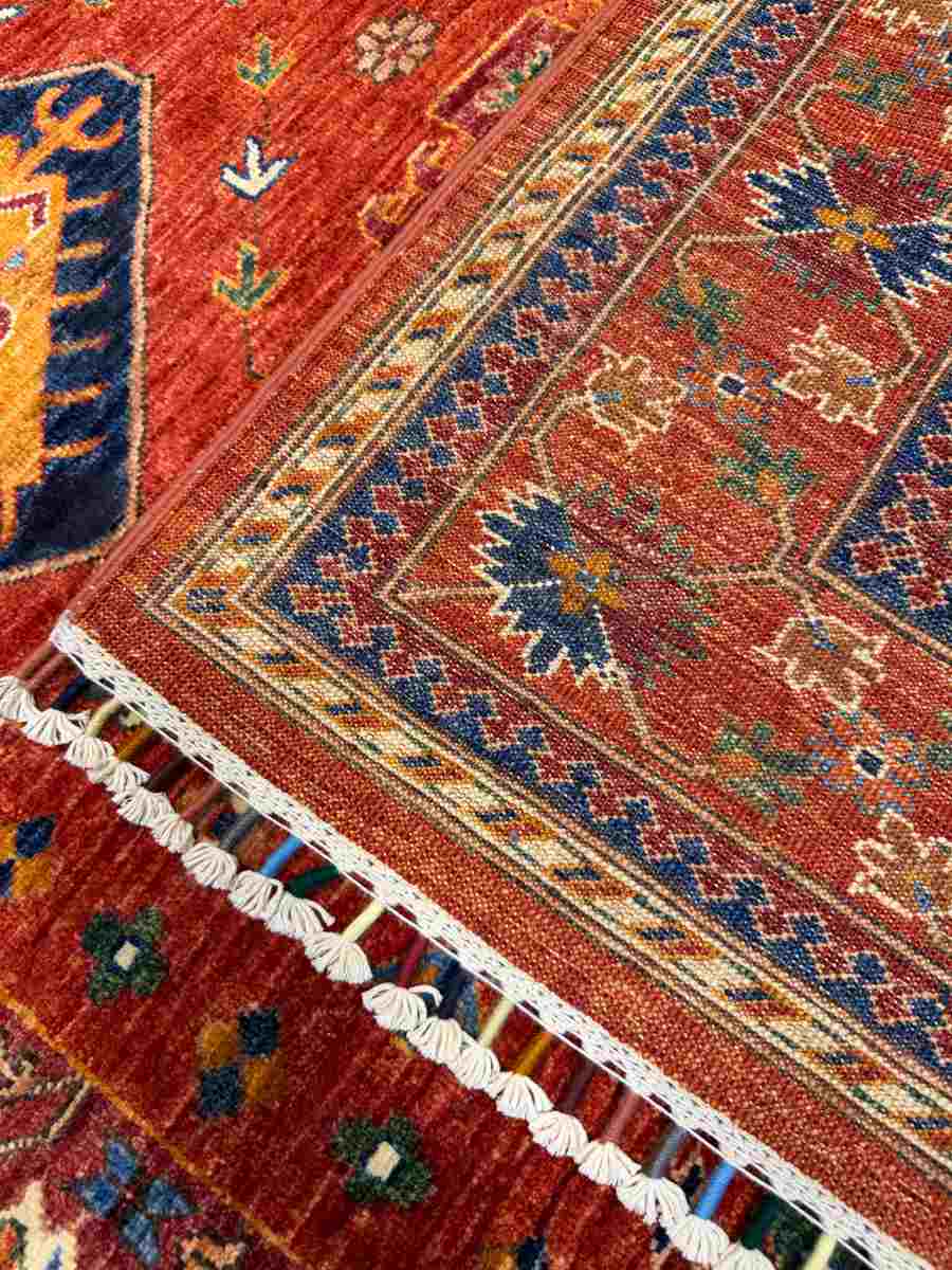 El Dokuma Afgan Halı Kazak Desenli Kök Boya 153 x 191 cm küçük görsel 7