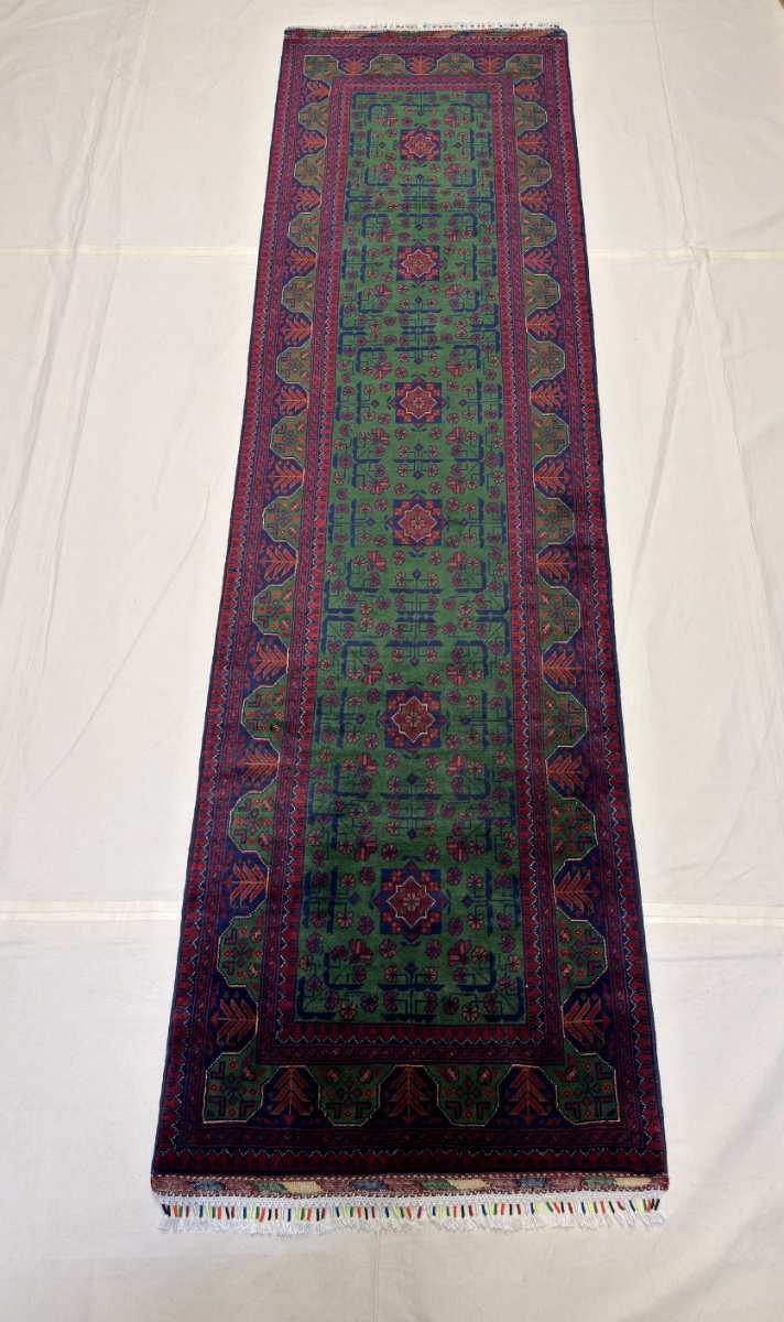 El Dokuma Afgan Halı Hamyab Desenli Yolluk Kök Boya 83 x 293 cm