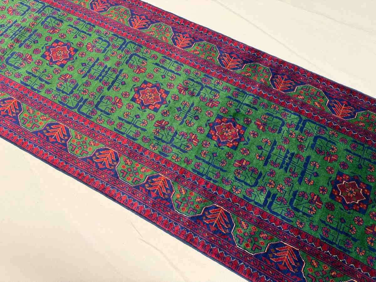 El Dokuma Afgan Halı Hamyab Desenli Yolluk Kök Boya 83 x 293 cm küçük görsel 3
