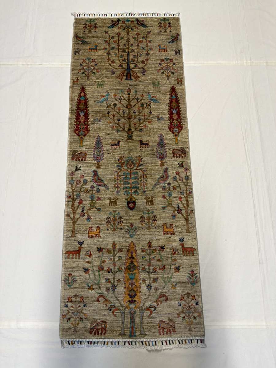 El Dokuma Afgan Halı yolluk Hayat Ağacı Desenli Kök Boya 79 x 212 cm