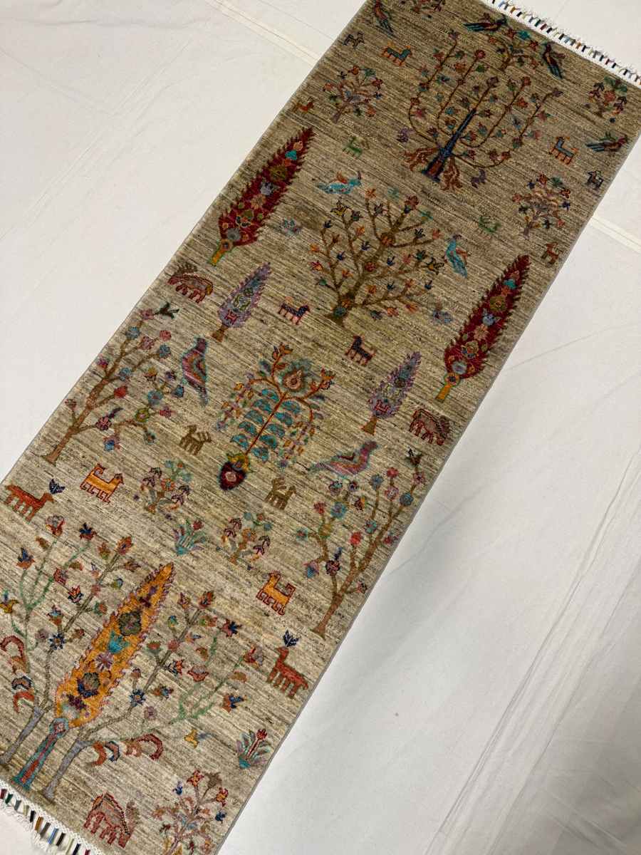 El Dokuma Afgan Halı yolluk Hayat Ağacı Desenli Kök Boya 79 x 212 cm küçük görsel 2