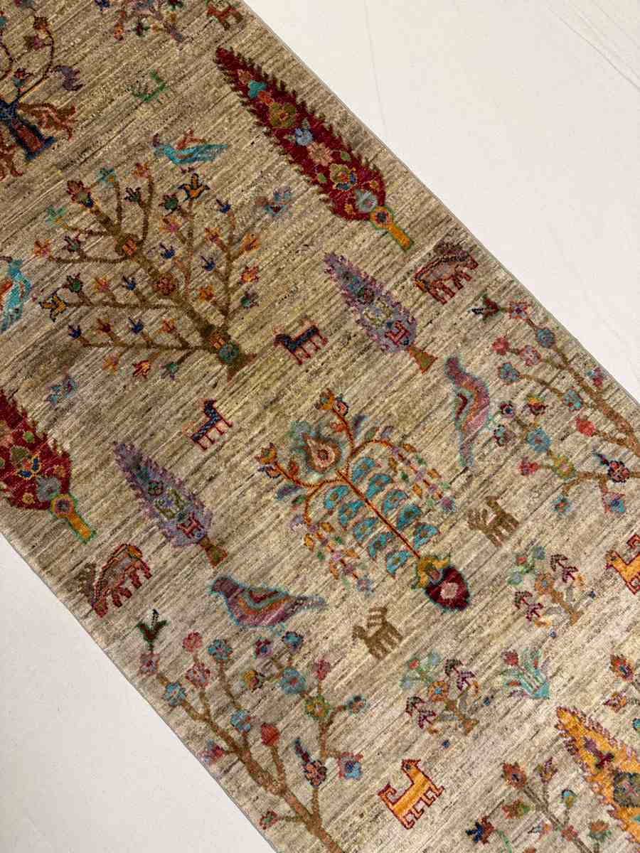 El Dokuma Afgan Halı yolluk Hayat Ağacı Desenli Kök Boya 79 x 212 cm küçük görsel 3