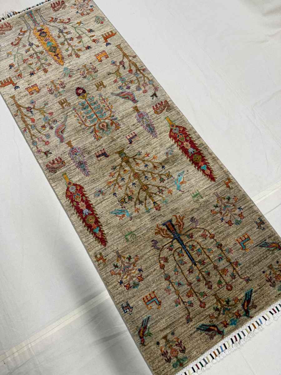El Dokuma Afgan Halı yolluk Hayat Ağacı Desenli Kök Boya 79 x 212 cm küçük görsel 6