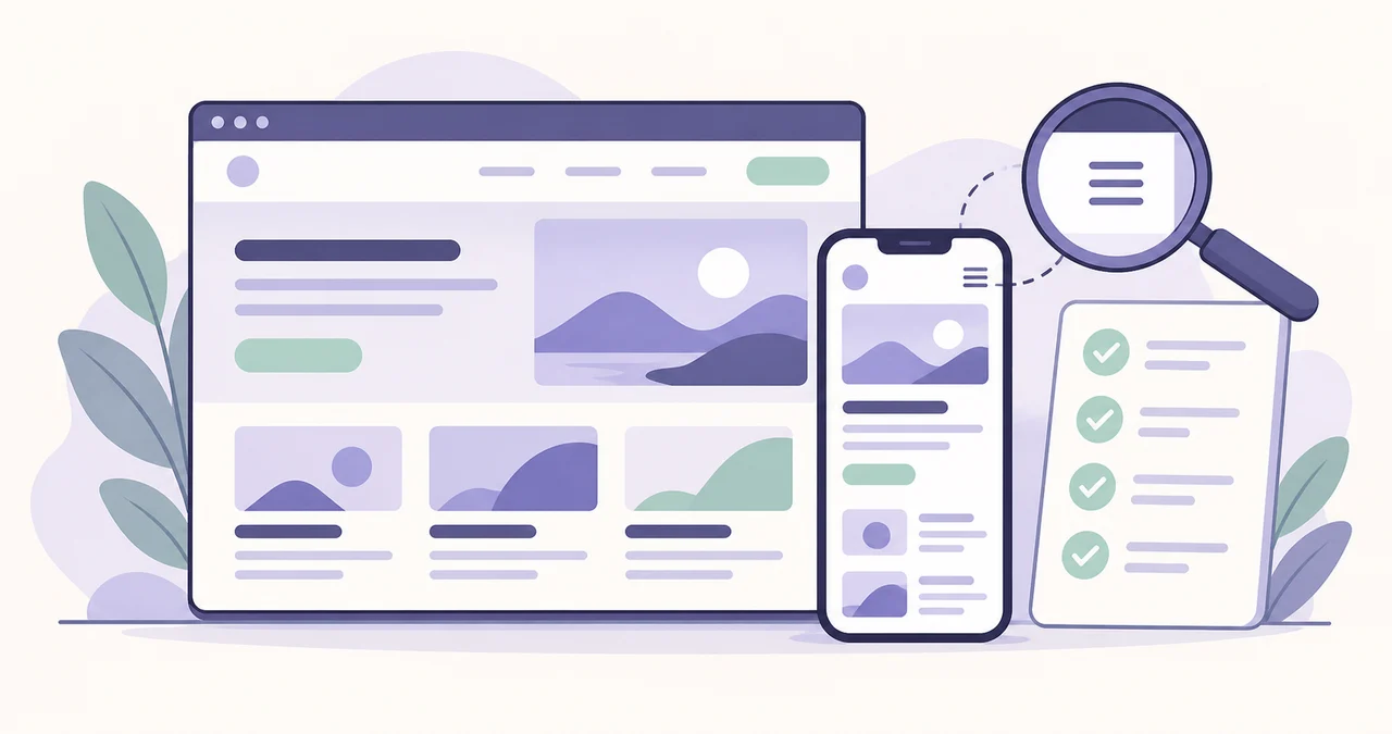 Conceptual illustration checking desktop and mobile websites alongside search and operations requirements