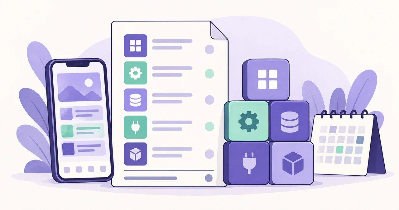 Conceptual illustration comparing app feature modules, timeline and deliverables before an estimate