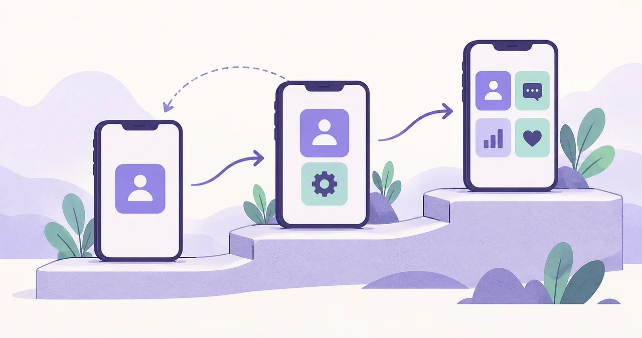 Conceptual illustration of an MVP growing from essential features to later improvements and expansion