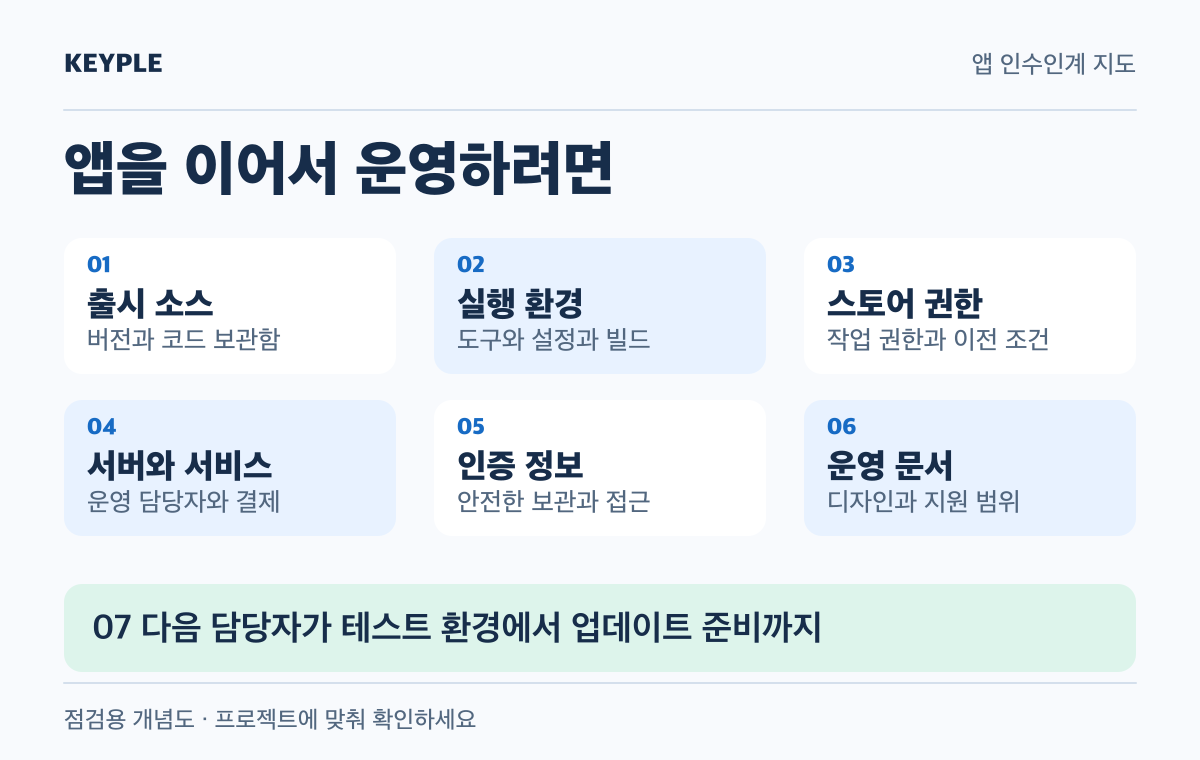 출시 소스와 빌드 환경 및 스토어 권한과 서버 및 인증 정보와 운영 문서를 함께 확인한 뒤 다음 업데이트를 검수하는 인수인계 지도