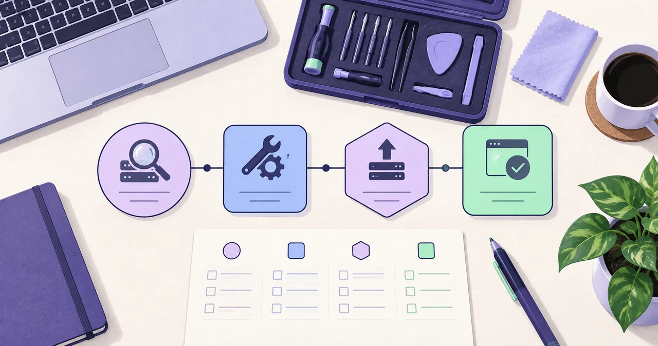 Conceptual illustration separating maintenance diagnosis, repair, environment upgrades and release