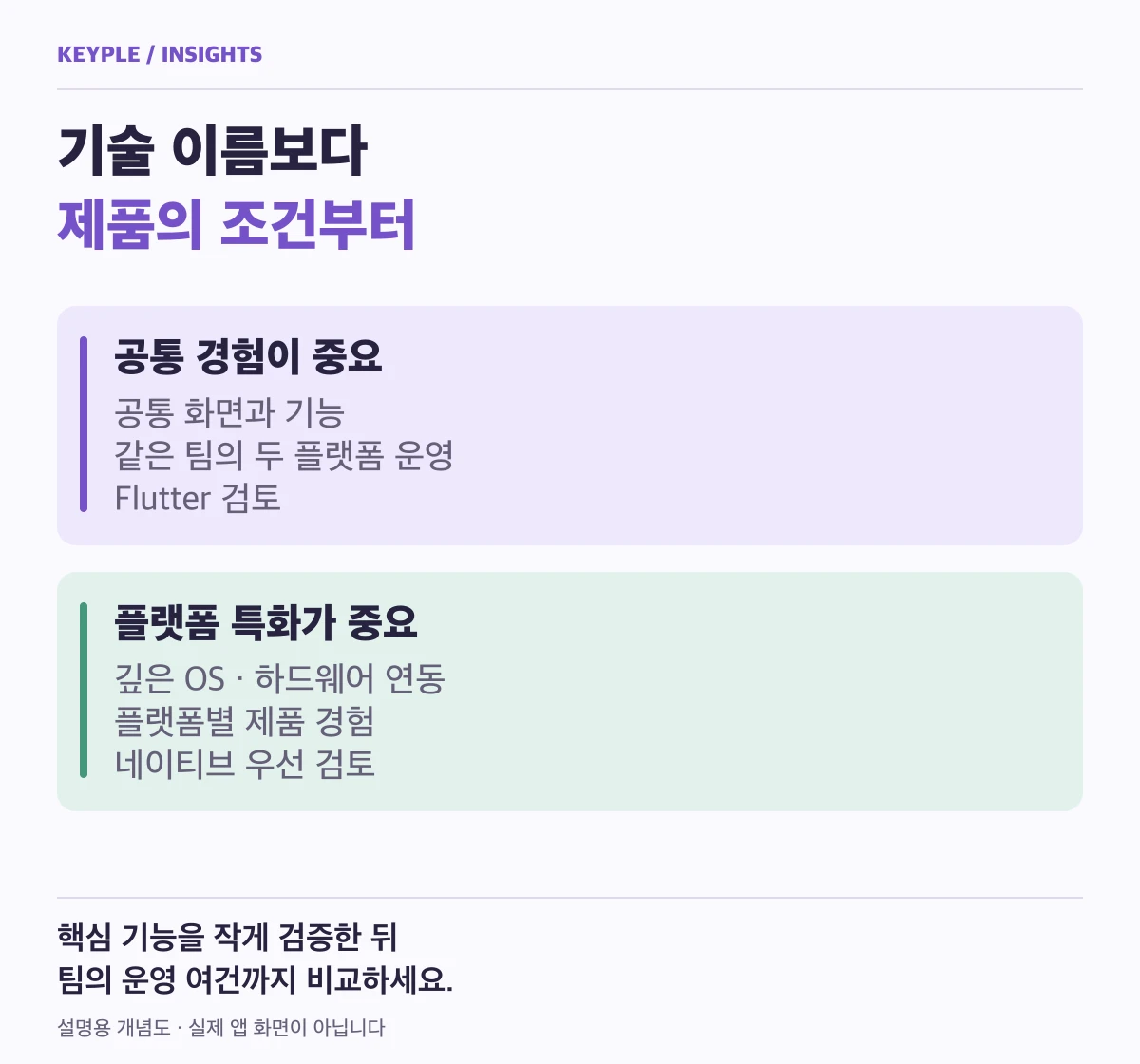 공통 화면과 기능이 중요한 경우와 운영체제 및 기기별 특화가 중요한 경우의 개발 방식 비교