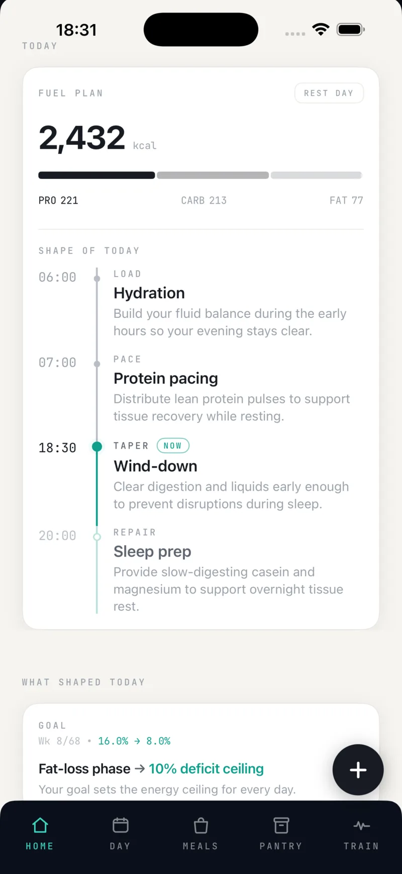 Screenshot of the daily fuel plan card showing today's macro targets, the day tier as a rest day, and the shape-of-day timeline including a protein pacing block that spreads lean protein through the day